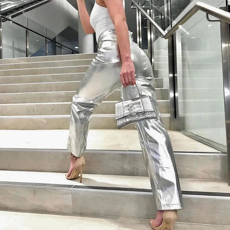 Sparkling Metallic Straight-Leg Pants - Featuring Elastic Waist for Comfort and Perfect for Clubwear