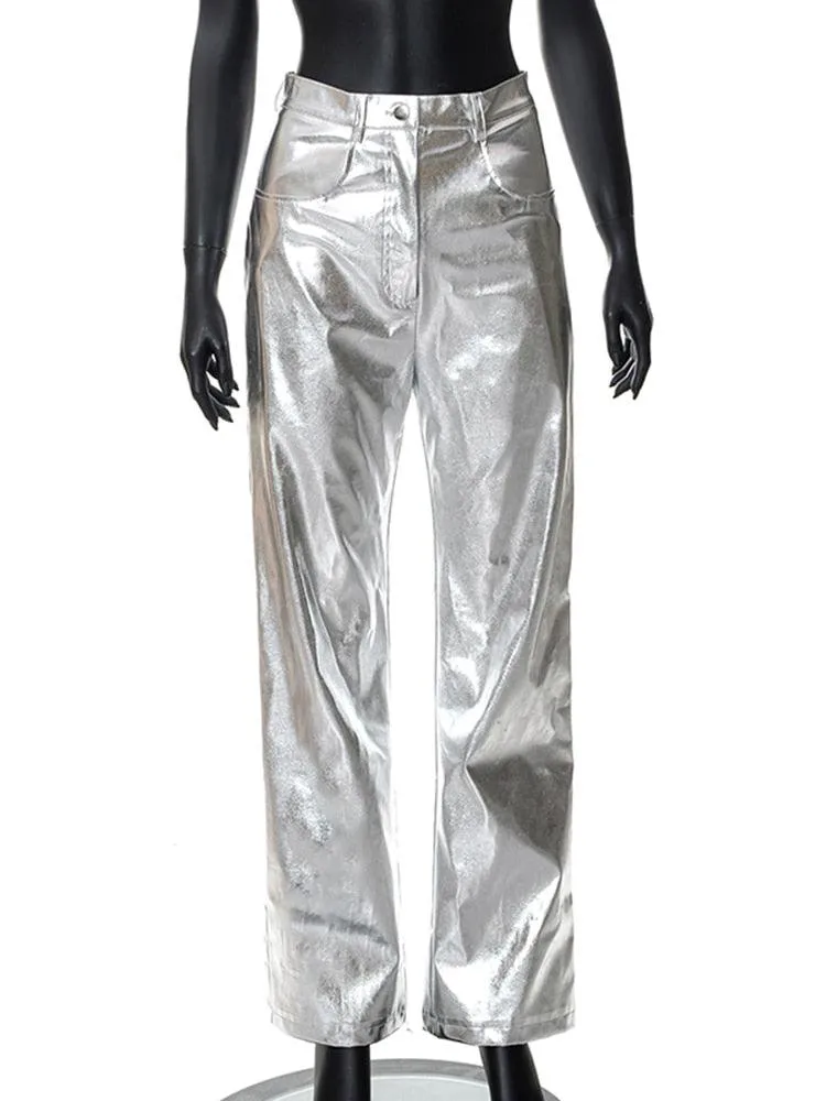 Sparkling Metallic Straight-Leg Pants - Featuring Elastic Waist for Comfort and Perfect for Clubwear