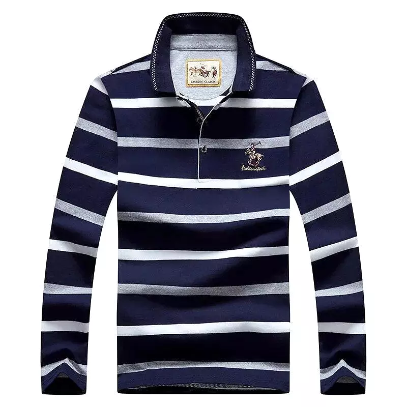 Striped Men Polo Shirt Cotton Long Sleeve