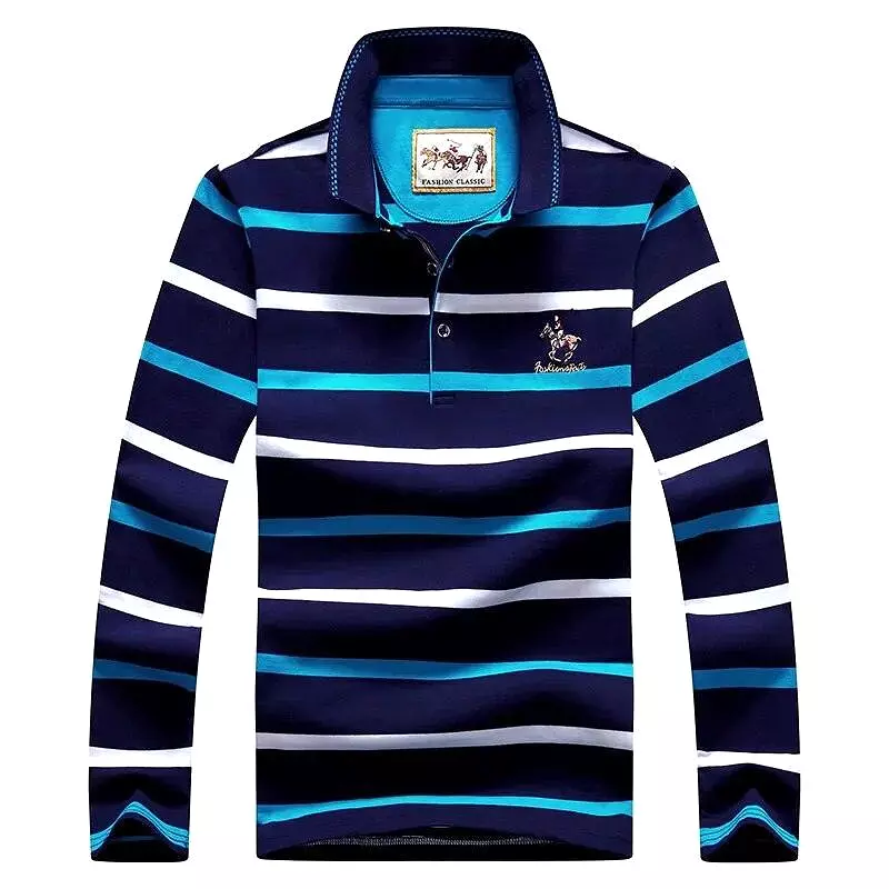 Striped Men Polo Shirt Cotton Long Sleeve