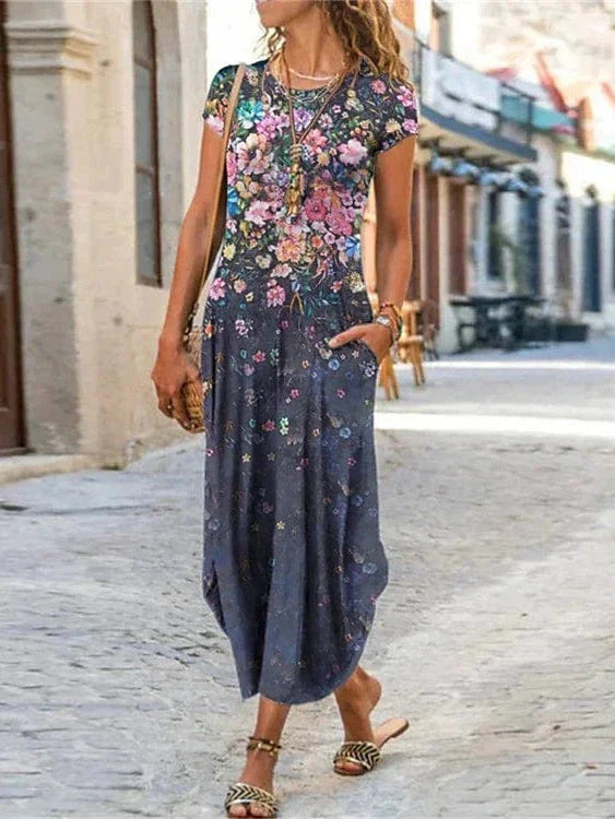 Stylish Floral and Tie Dye Print Maxi Dress with Pockets