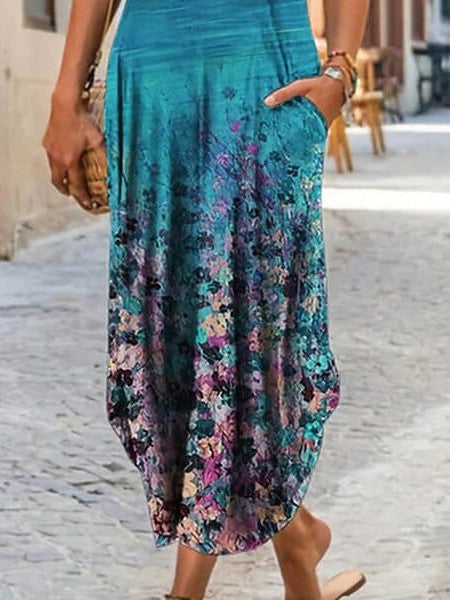 Stylish Floral and Tie Dye Print Maxi Dress with Pockets