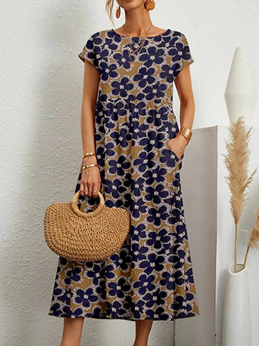 Stylish Loose-Fit Leaf Print Midi Dress for Women in Cotton Linen Blend