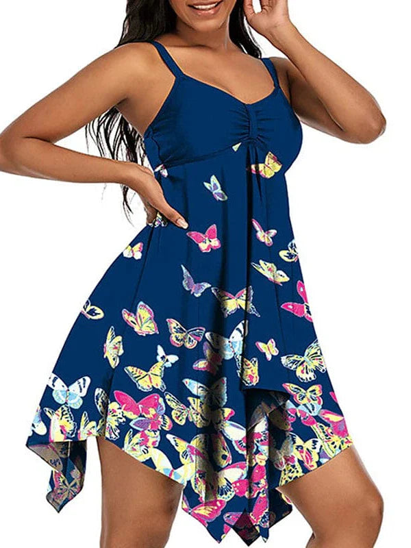 Stylish Plus Size Animal Butterfly Navy Blue Swim Dress