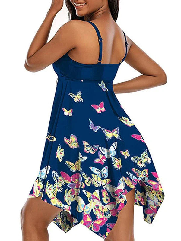 Stylish Plus Size Animal Butterfly Navy Blue Swim Dress