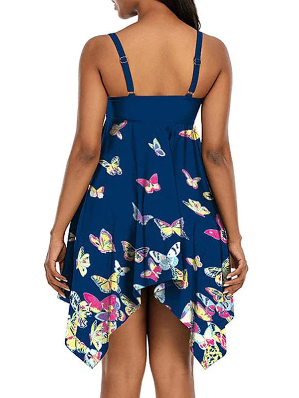 Stylish Plus Size Animal Butterfly Navy Blue Swim Dress