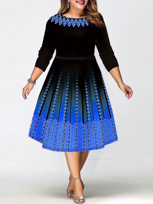 Stylish Plus Size Geometric Print Midi Dress for Winter Parties