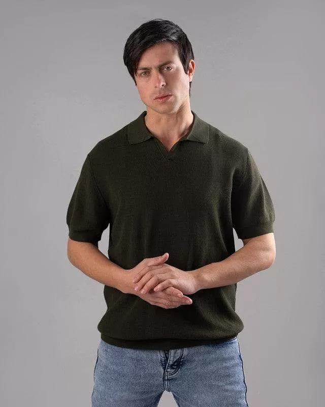 TEXTURED KNIT POLO SHIRT  -DARK OLIVE