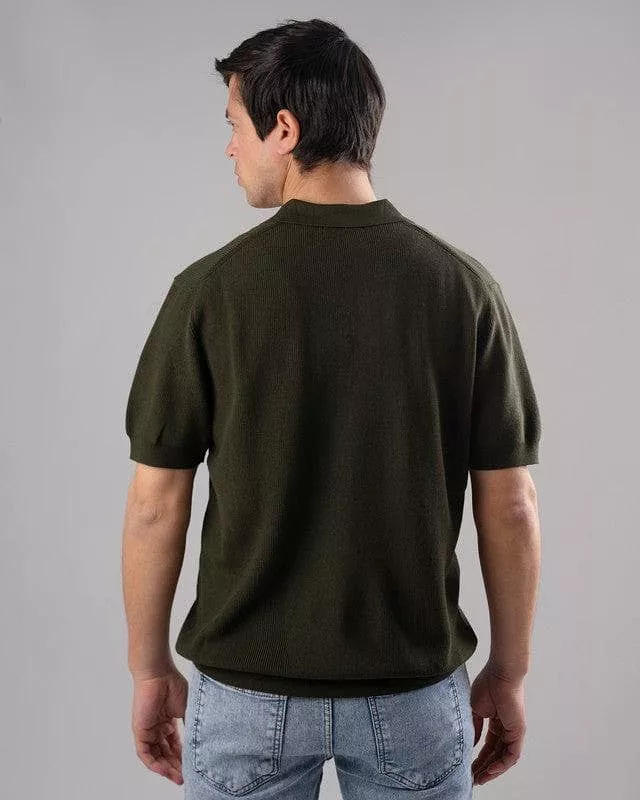 TEXTURED KNIT POLO SHIRT  -DARK OLIVE