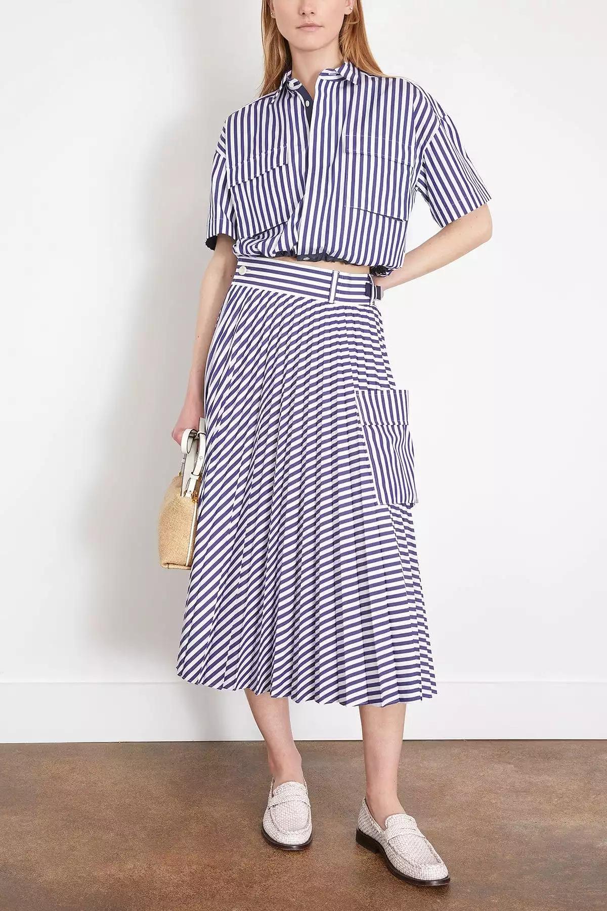 Thomas Mason Cotton Poplin Skirt in Navy Stripe