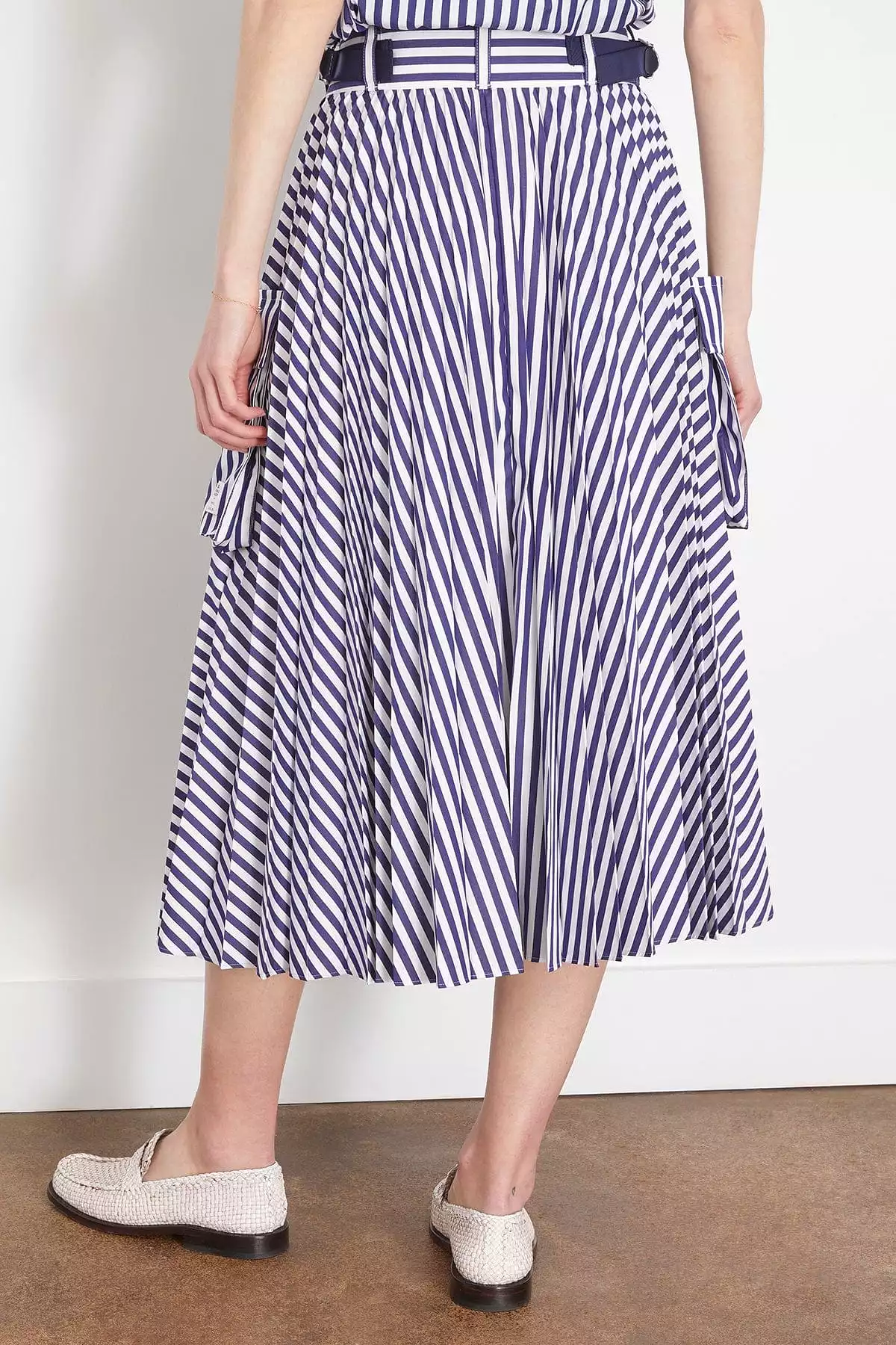 Thomas Mason Cotton Poplin Skirt in Navy Stripe