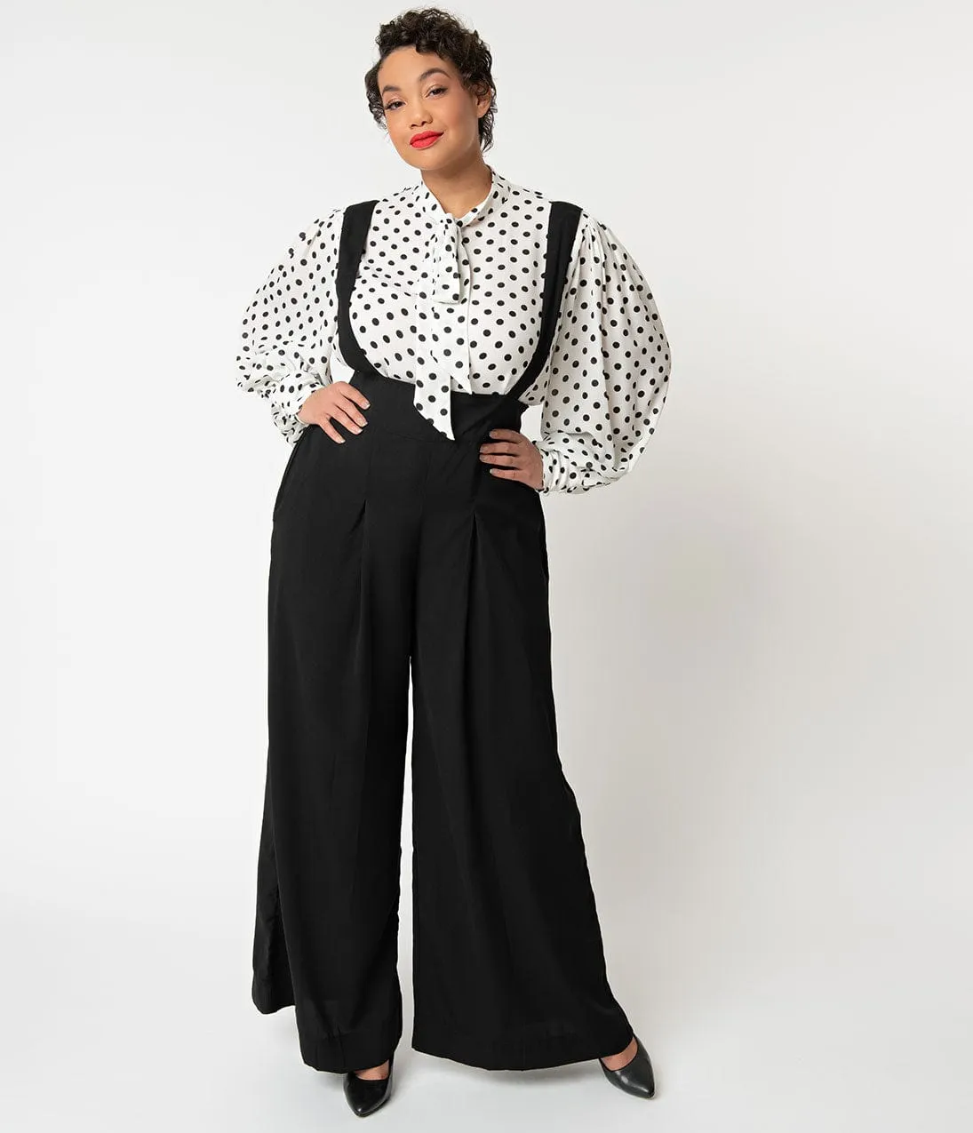 Unique Vintage Plus Size Black Wide Leg Rochelle Suspender Pants