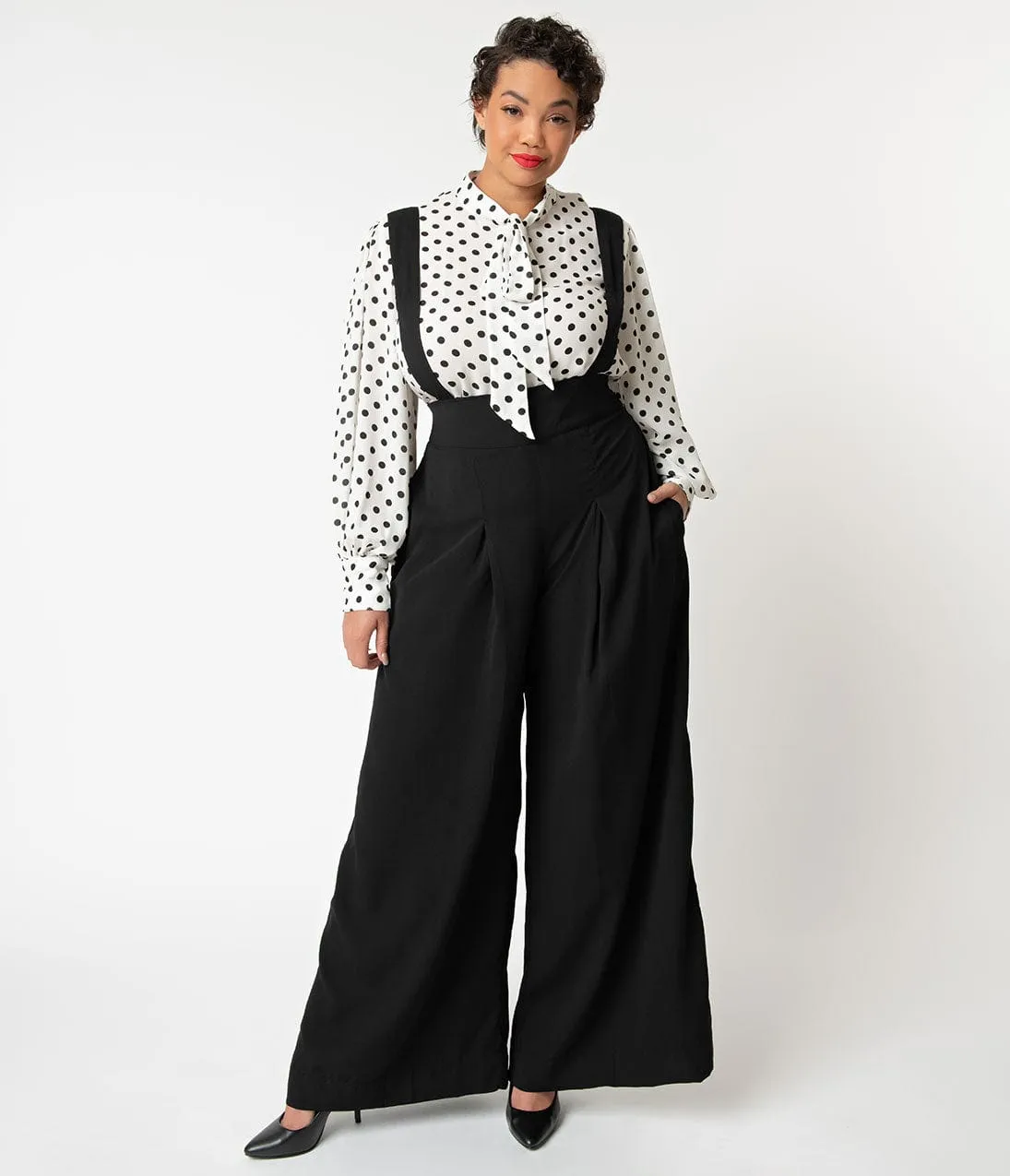 Unique Vintage Plus Size Black Wide Leg Rochelle Suspender Pants