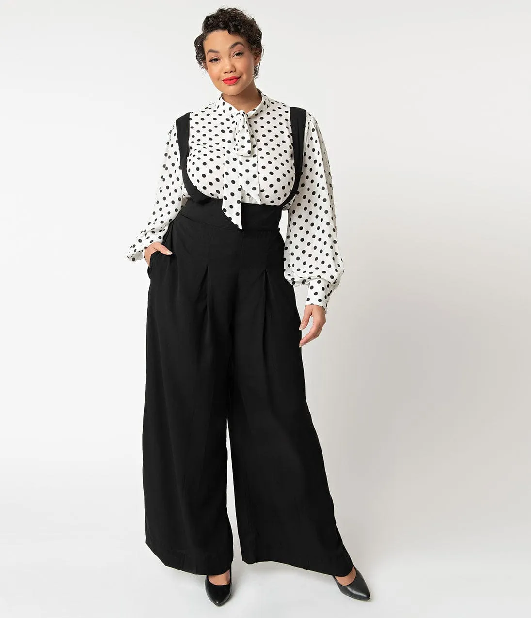 Unique Vintage Plus Size Black Wide Leg Rochelle Suspender Pants