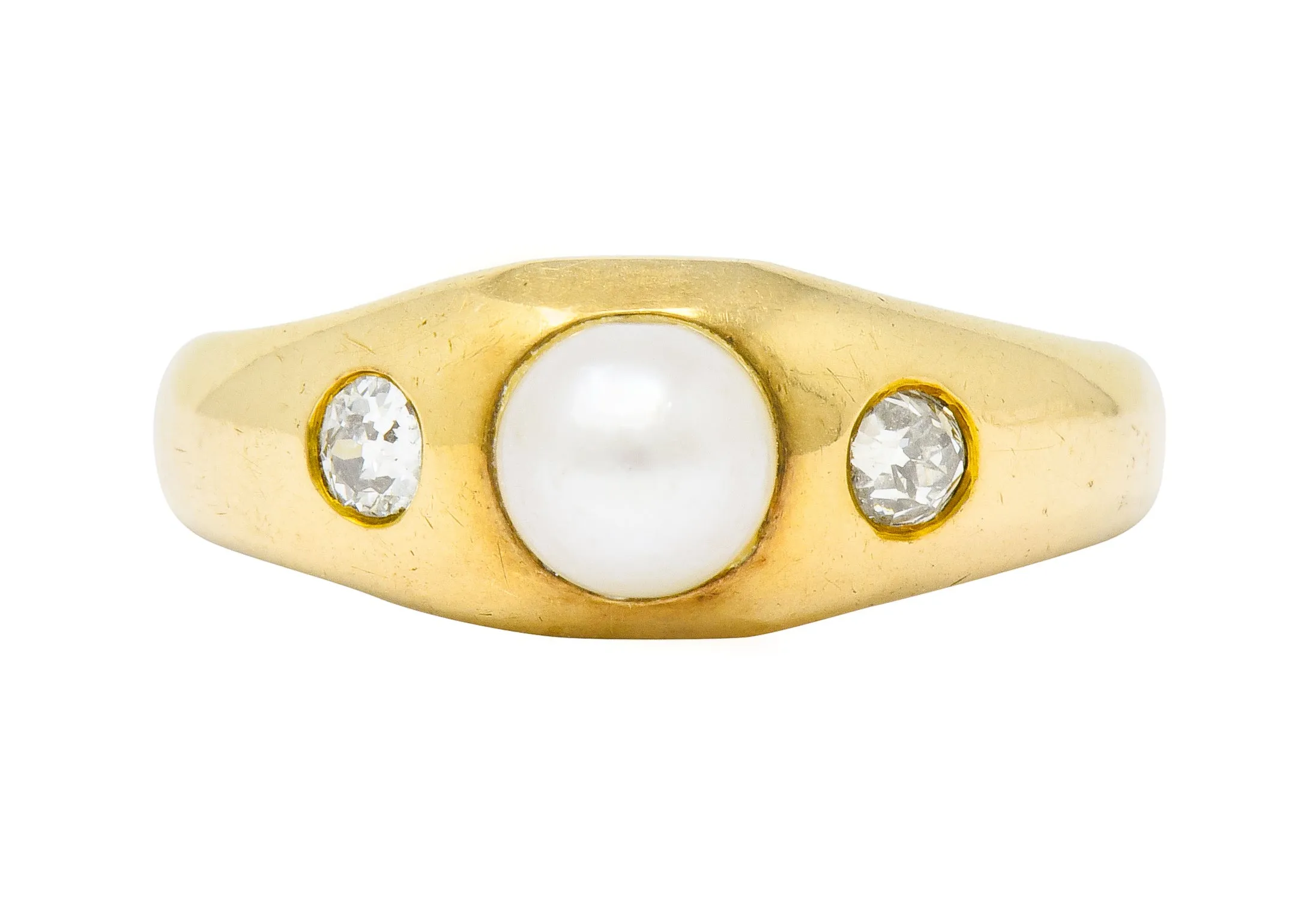 Victorian Pearl Diamond 14 Karat Gold Three Stone Gypsy Ring