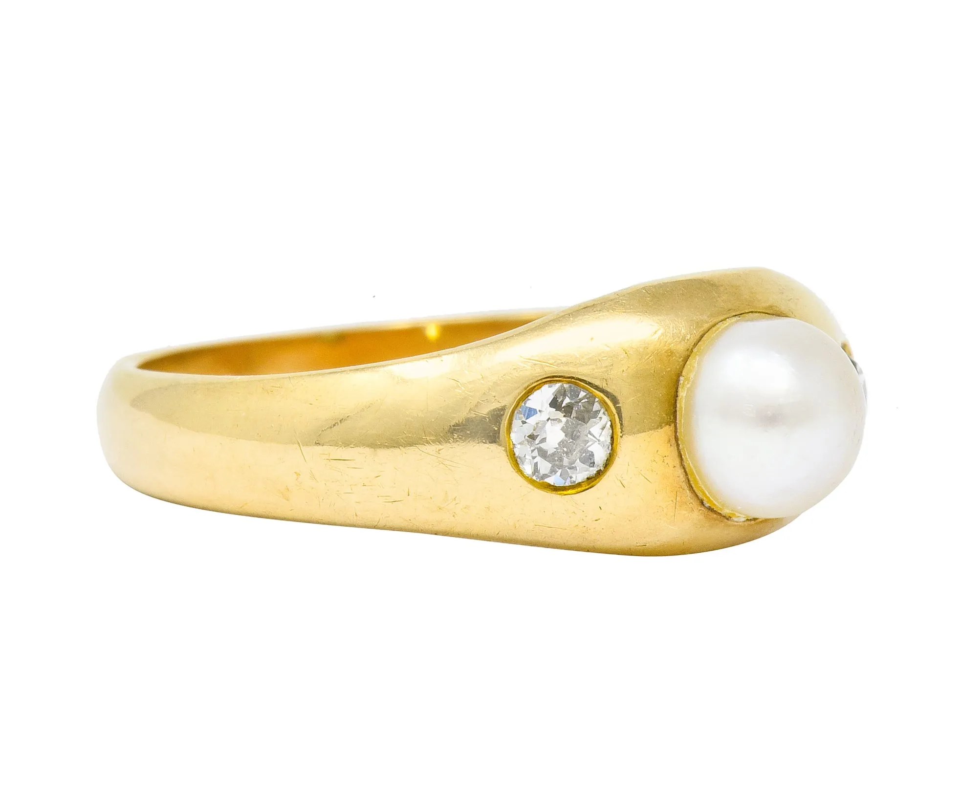 Victorian Pearl Diamond 14 Karat Gold Three Stone Gypsy Ring