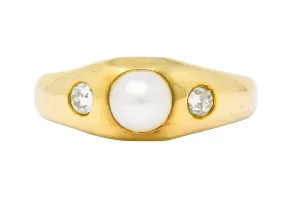 Victorian Pearl Diamond 14 Karat Gold Three Stone Gypsy Ring