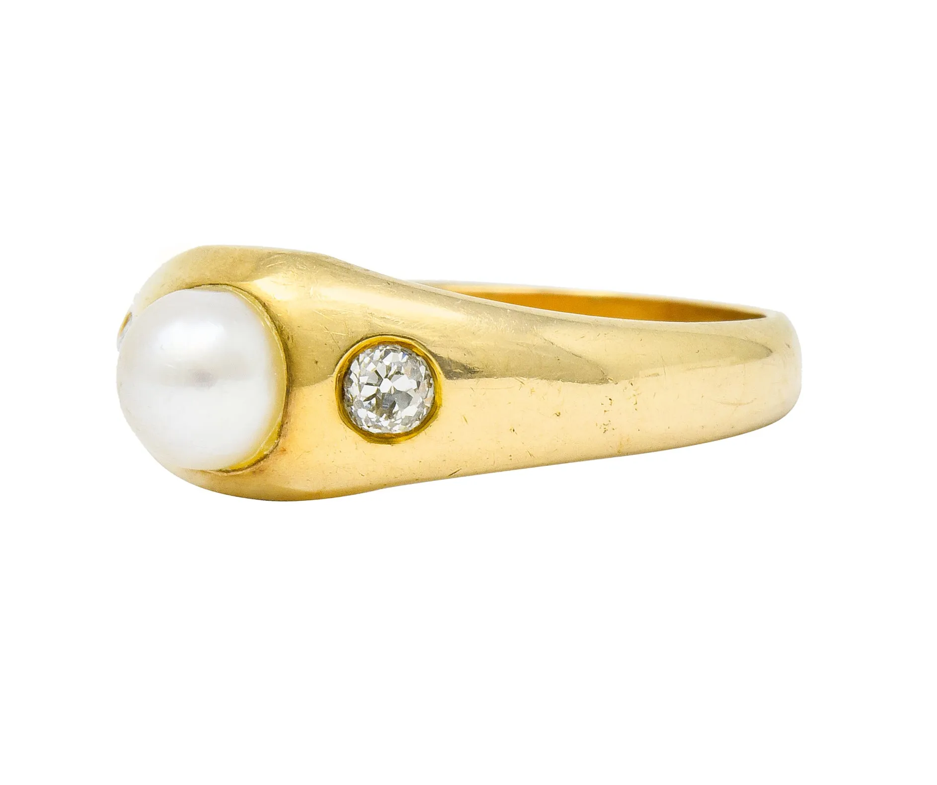 Victorian Pearl Diamond 14 Karat Gold Three Stone Gypsy Ring