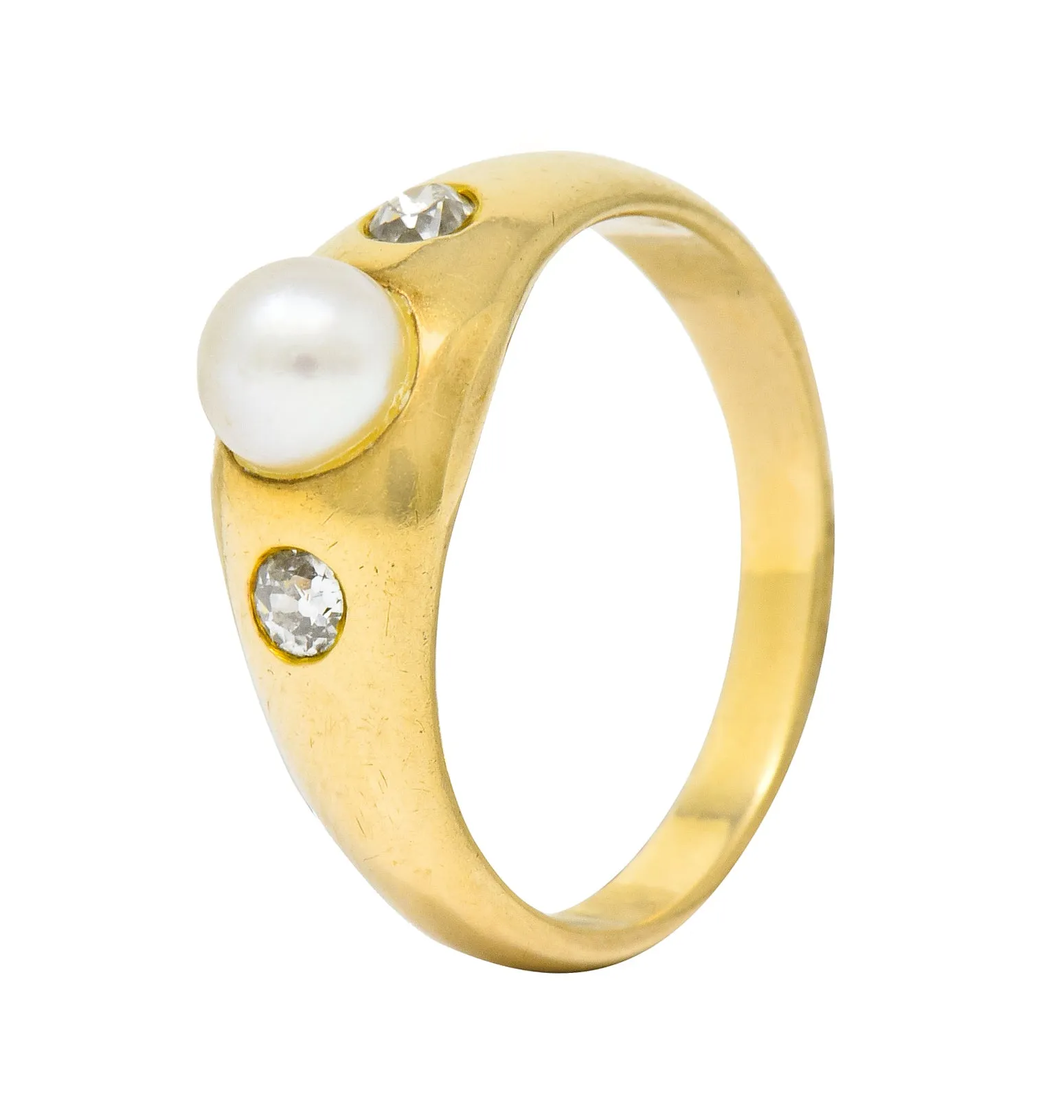 Victorian Pearl Diamond 14 Karat Gold Three Stone Gypsy Ring