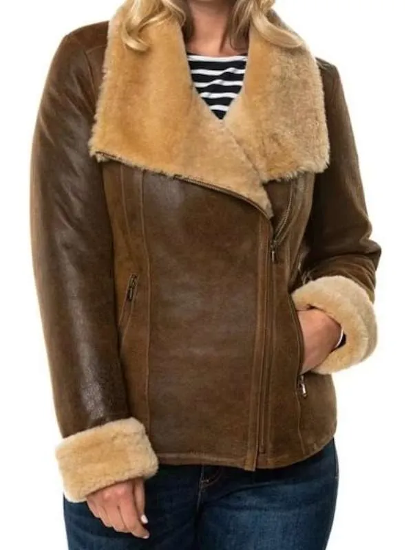 Women Distressed Brown Shearling Leather Jacket - New American Jackets