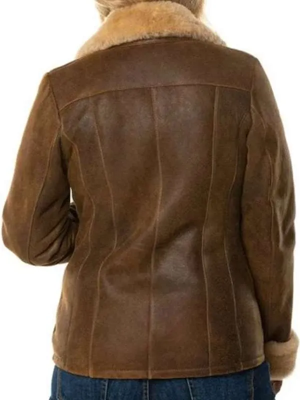 Women Distressed Brown Shearling Leather Jacket - New American Jackets