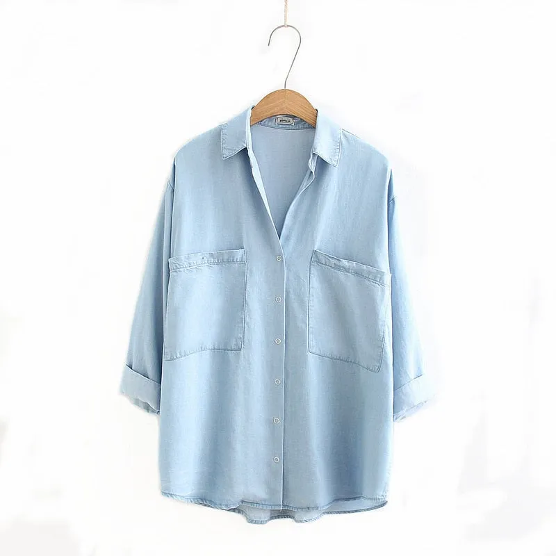 Womens Denim Shirts Chic Cotton Blusas Mujer Tencel Soft Long Sleeve Oversized Tops