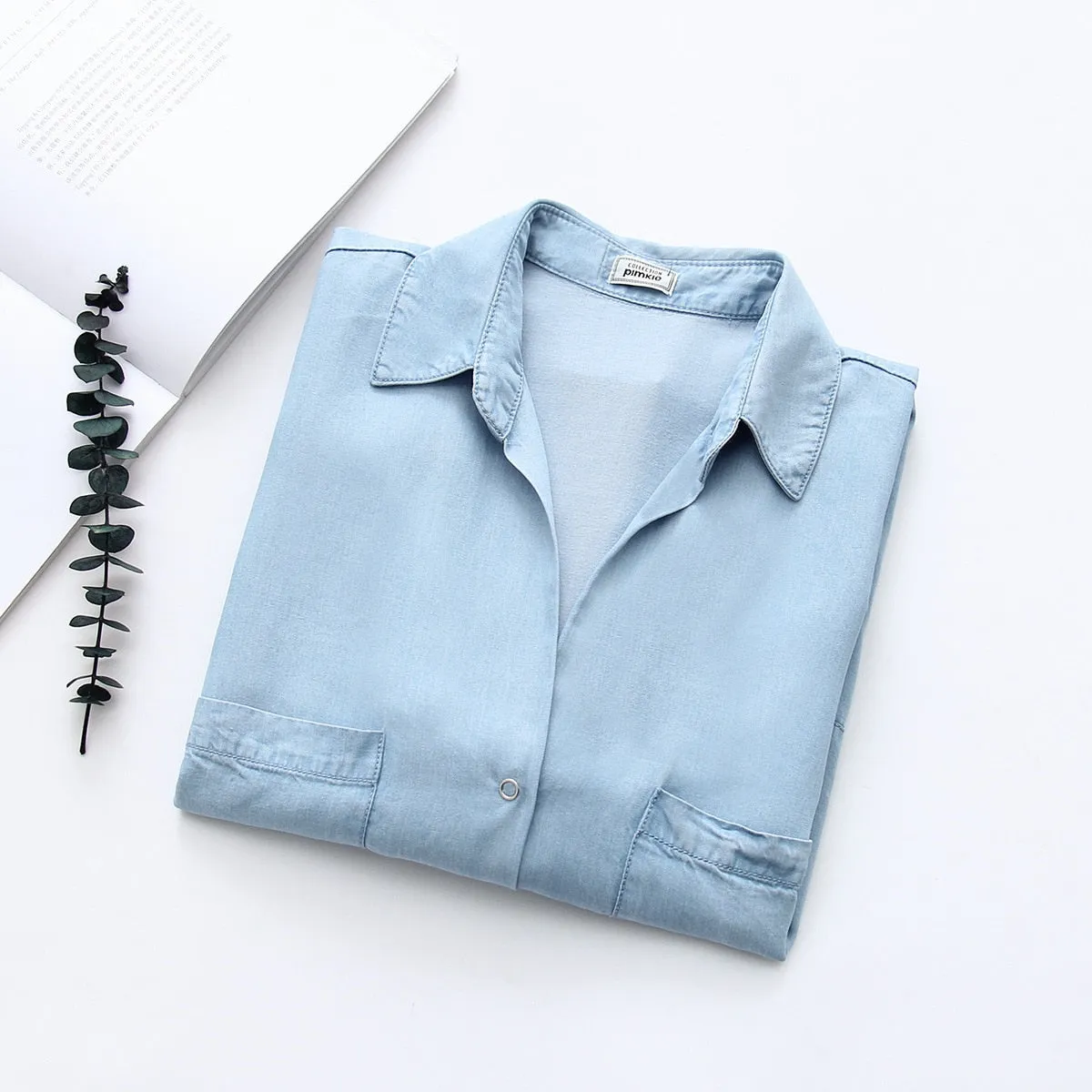 Womens Denim Shirts Chic Cotton Blusas Mujer Tencel Soft Long Sleeve Oversized Tops