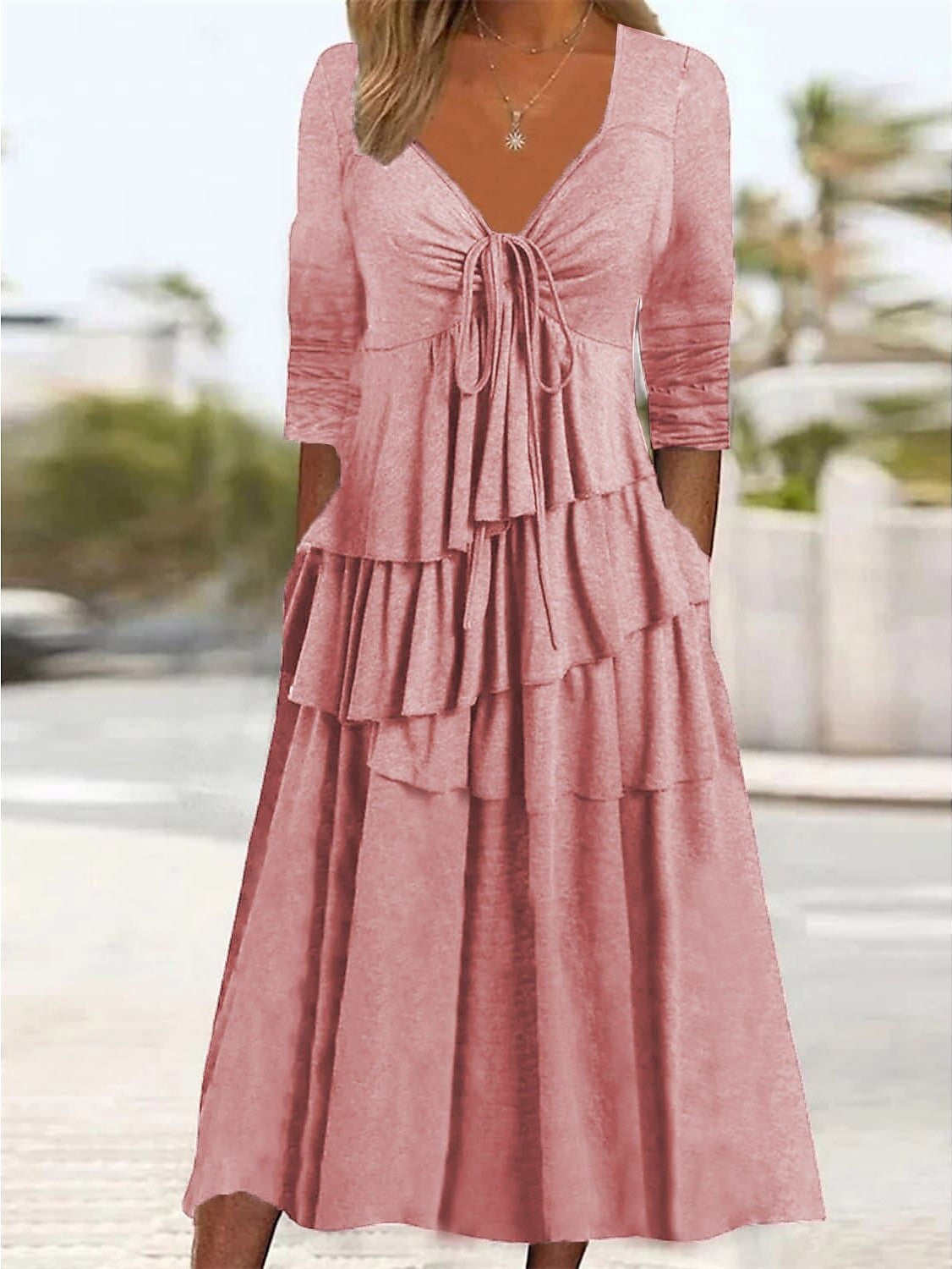 Women's Elegant Ruched Twist V Neck Midi Dress