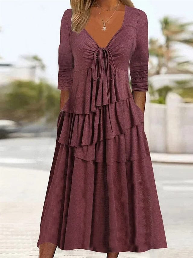 Women's Elegant Ruched Twist V Neck Midi Dress