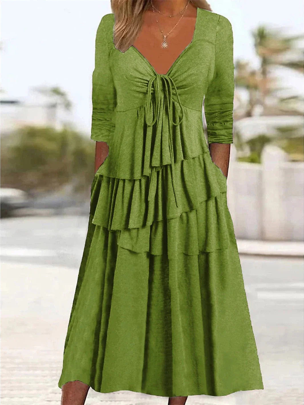 Women's Elegant Ruched Twist V Neck Midi Dress