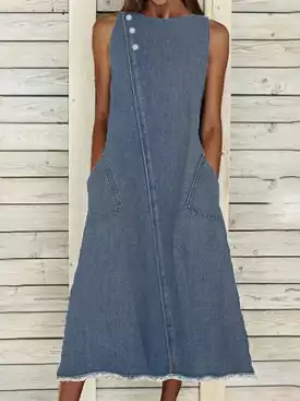 Women's Sleeveless Denim Maxi Dress with Pockets